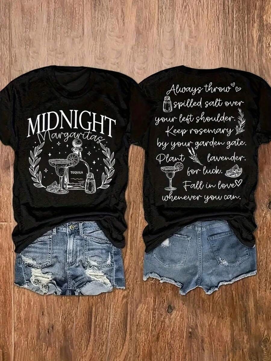 Camiseta casual de manga corta y cuello redondo con estampado gráfico, perfecta para verano y primavera, diseñada para mujer - Negro - Ver 1