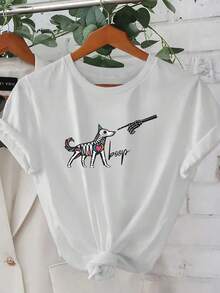 ¡Oferta por tiempo limitado, unidades limitadas,  relámpago! Camisas casuales para mujer, camisetas de poliéster para mujer, camisas elegantes.Novedad Verano 2026, Camiseta Estampado Perro Esqueleto Colorido, Moda Primavera-Verano Elegante y Cute, Estilo Casual Coreano, Top Camiseta - Blanco - Ver 7