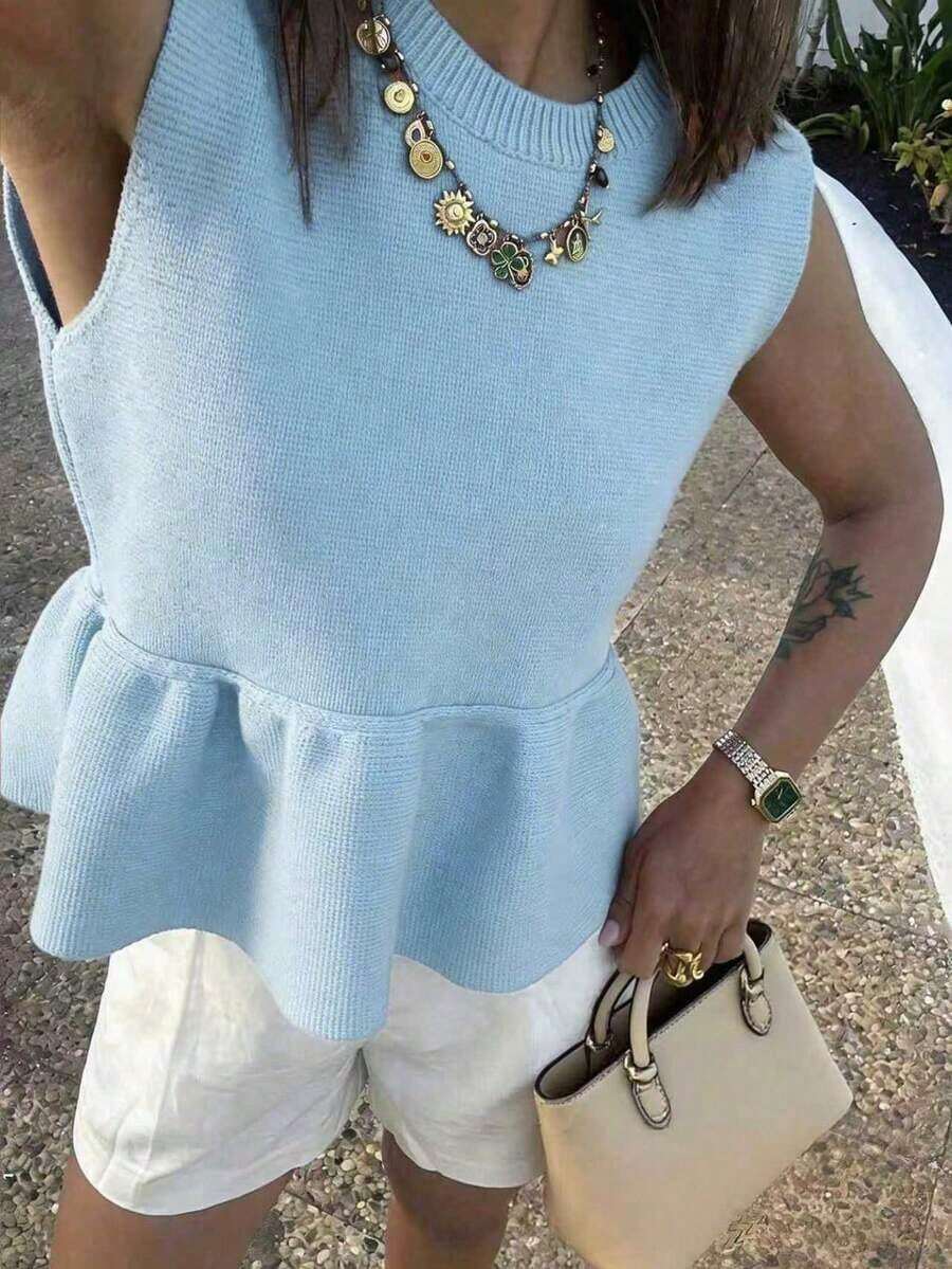 Camiseta sin mangas de punto para MUJER, estilo minimalista casual, unicolor, esencial para volver al colegio, primavera/verano - Río Azul - Ver 1