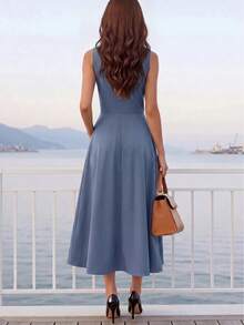 Vestido elegante francés de primavera/verano para mujer, moda minimalista, estilo retro, ropa de oficina profesional, vestido ajustado de línea A con escote en V sin mangas, con bolsillos laterales y falda de longitud media - Azul - Ver 3