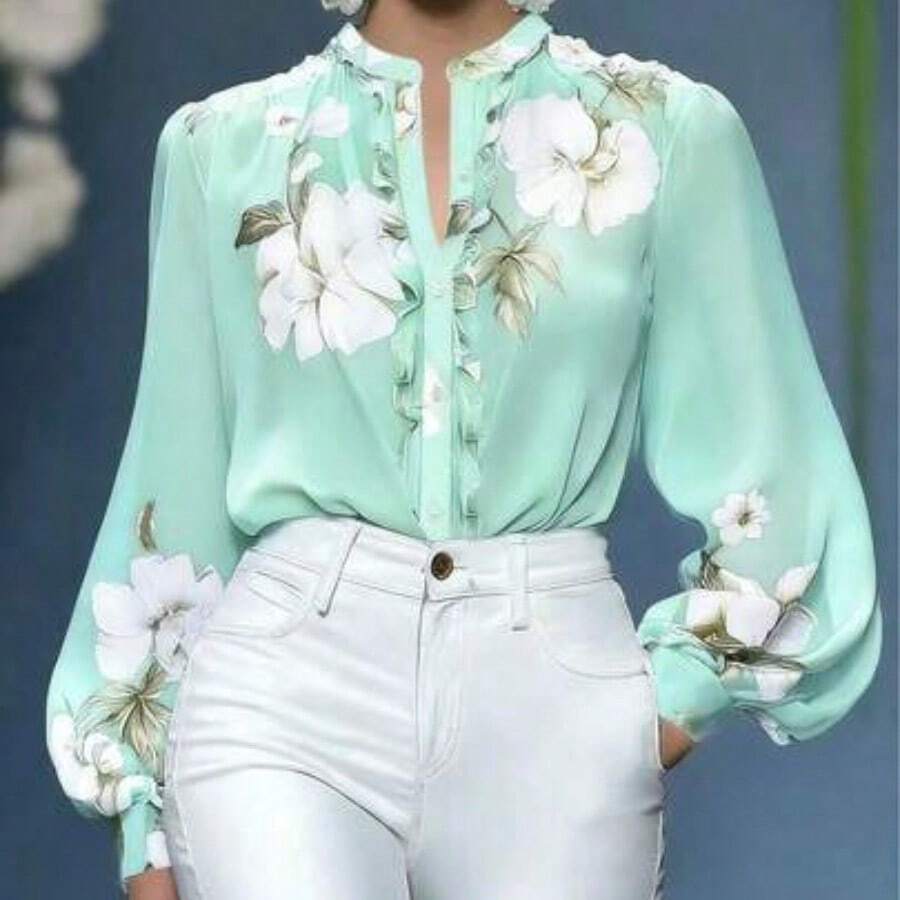 Blusa de gasa con estampado floral elegante, cuello alto y mangas farol - Verde - Ver 1