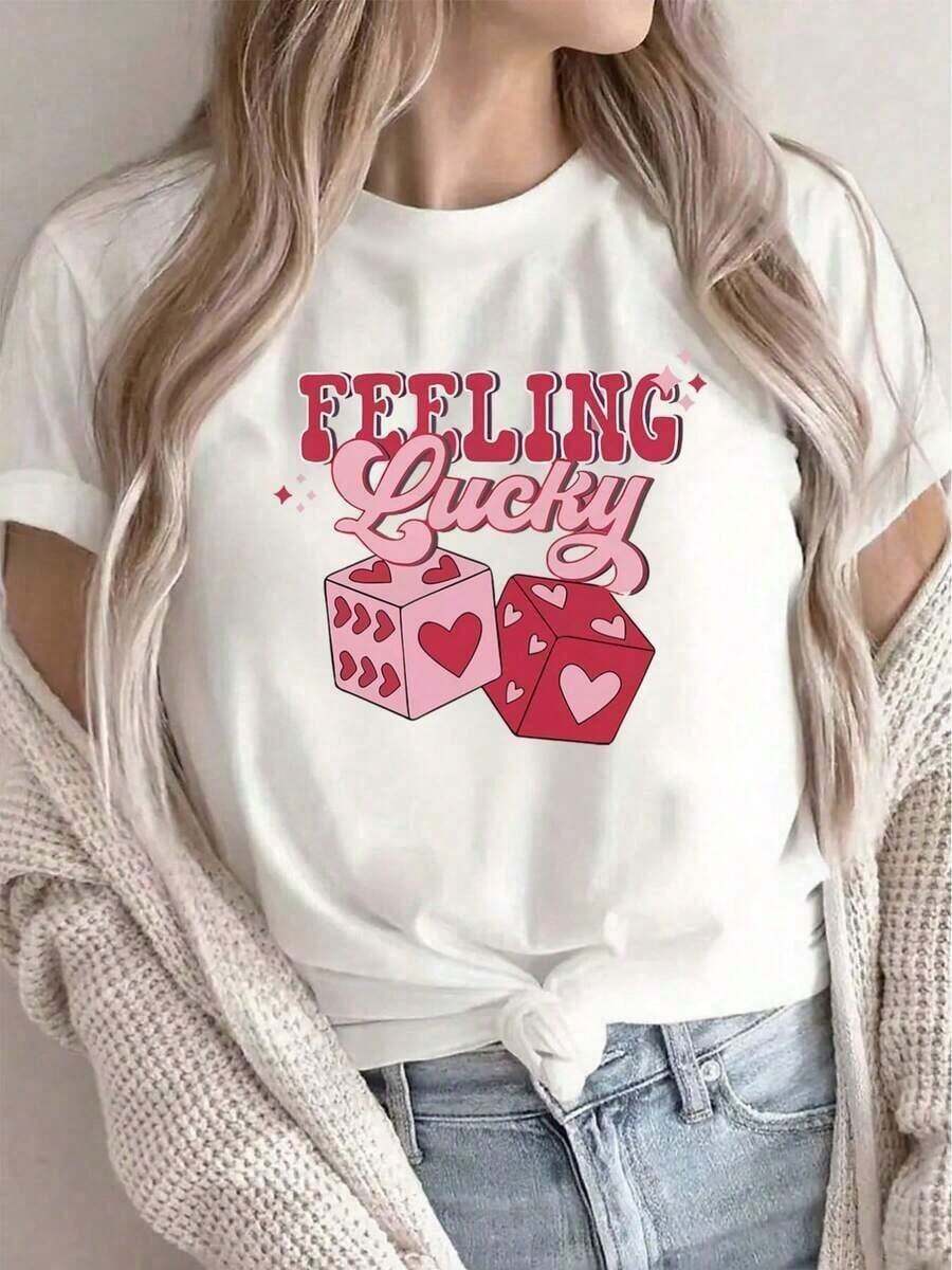 Camiseta Transpirable para el Día de San Valentín para Mujer | Camiseta casual de cuello redondo suave con diseño de dados de corazón, cómoda y ligera, de color, ideal para fiestas, citas nocturnas o uso diario, versátil. - Blanco - Ver 1