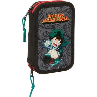 Safta | Double Pencil Case My Hero Academia 28 Pieces, Youth School Case With 3 Compartments And Zippers, Front Pocket, Adjustable Back Strap For Backpack Trolley, Black, Rubber