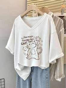 Camiseta blanca de cuello en V para mujer talla grande, top casual de manga corta con estampado de gato mágico & estrella para verano - Blanco - Ver 8