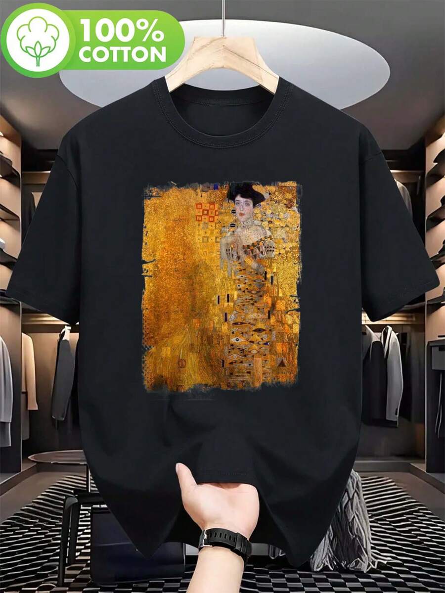 Camiseta para hombre con la icónica obra de arte dorada de Gustav Klimt - una réplica de calidad de museo.Esta camiseta artística negra y dorada, suave y transpirable, es adecuada tanto para ocasiones informales como formales, inspirada en los famosos retratos del artista austriaco. - Negro - Ver 1
