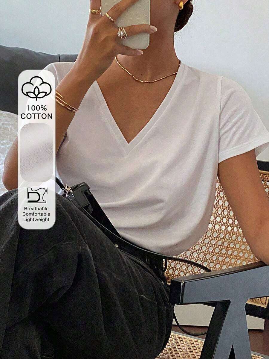 Camiseta casual holgada de mujer de unicolor con cuello en V y mangas cortas, ropa casual de negocios para mujer - Blanco - Ver 1