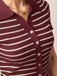 Suéter de punto con cuello vuelto, botones y rayas para mujer, prenda de punto superior para uso urbano, atuendo casual de negocios, ropa elegante para mujer - Burdeos - Ver 6