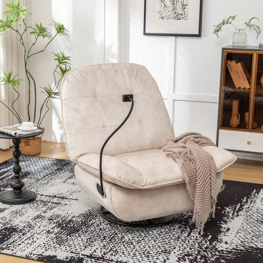 Ivory Recliner, Reclining Lazy Chair, Mobile Phone Holder, Large And Comfortable Reading Chair, Swivel Gliding Rocking Chair, Gold-Stamped Velvet RR - Natural & Light Brown + Velvet + Cotton - View 1