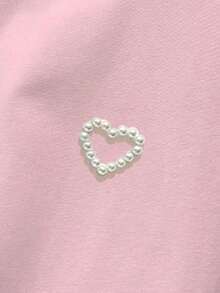 Camiseta de manga corta de unicolor con decoración de tachuelas en forma de corazón, de uso versátil y casual - Rosa - Ver 4