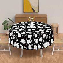 1pc Halloween Theme Polyester Tablecloth, Round Diameter 145cm (57.08inch), Rectangular 140x180cm (55.11inch X 70.87inch), Halloween Tablecloth, Decorative Tablecloth, Cartoon Cute Ghost Pattern On Black Background, Ghost Elements, Suitable For Halloween Family Gathering, Restaurant Decoration, Living Room Round Table Holiday Decor - Multicolor - View 6