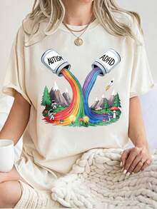 Camiseta casual de verano para mujer, para deportes y ocio, top de manga corta para mujer 2026, camiseta casual de moda con cuello redondo, estilo versátil y nuevo, con un creativo diseño de ilustración de arcoíris para autismo y TDAH, un regalo para familiares y amigos. - Albaricoque - Ver 1
