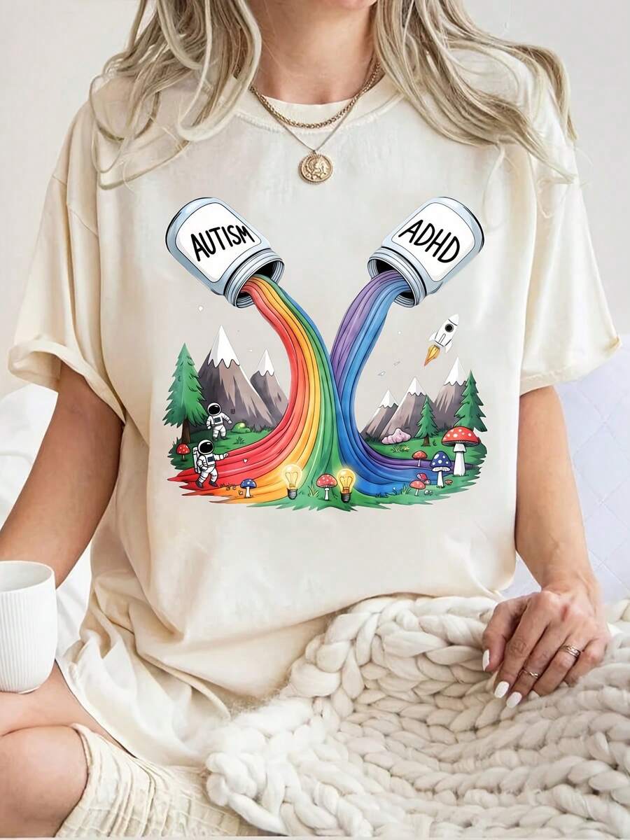 Camiseta casual de verano para mujer, para deportes y ocio, top de manga corta para mujer 2026, camiseta casual de moda con cuello redondo, estilo versátil y nuevo, con un creativo diseño de ilustración de arcoíris para autismo y TDAH, un regalo para familiares y amigos. - Albaricoque - Ver 1