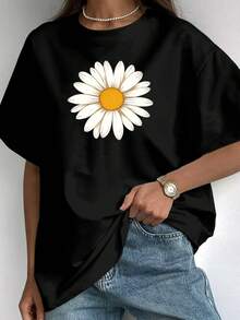 This Women's Short-Sleeved T-Shirt, Available In Five Colors, Features A Simple And Elegant Sunflower Design. The Yellow Center And White Petals Evoke A Sense Of Warmth And Freshness, Perfect For Those Who Love Nature And Minimalist Style. - 黑色 - 查看 2