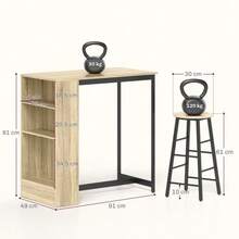 Bar Table With Bar Stool Set, 3-Piece. Bar Table Set With Kitchen Table, Storage Space, 2 Stools, Footrests, In Modern Style, Space-Saving Dining Set For Dining Room, Kitchen, Steel, Oak - Black - View 2