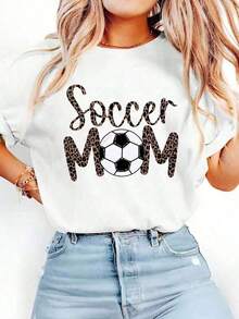 Camiseta gráfica con estampado de leopardo y la frase 'Soccer Mom', estilo casual de verano, linda, estilo universitario, de manga corta, camisetas gráficas para mujer, tops casuales de algodón blanco, tela transpirable, ropa de verano para mujer, para el uso diario en la Copa Mundial y para actividades deportivas y vacaciones. - Blanco - Ver 6