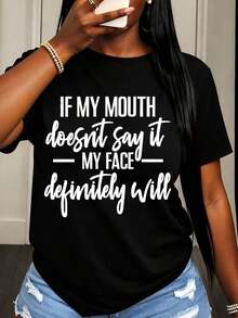 Camiseta Casual de Manga Corta para Mujer con Frase Divertida: Si Mi Boca No Lo Dice, Mi Cara Definitivamente Lo Hará. Camiseta con Estampado Gráfico para Uso Diario y Salidas. - Negro - Ver 6