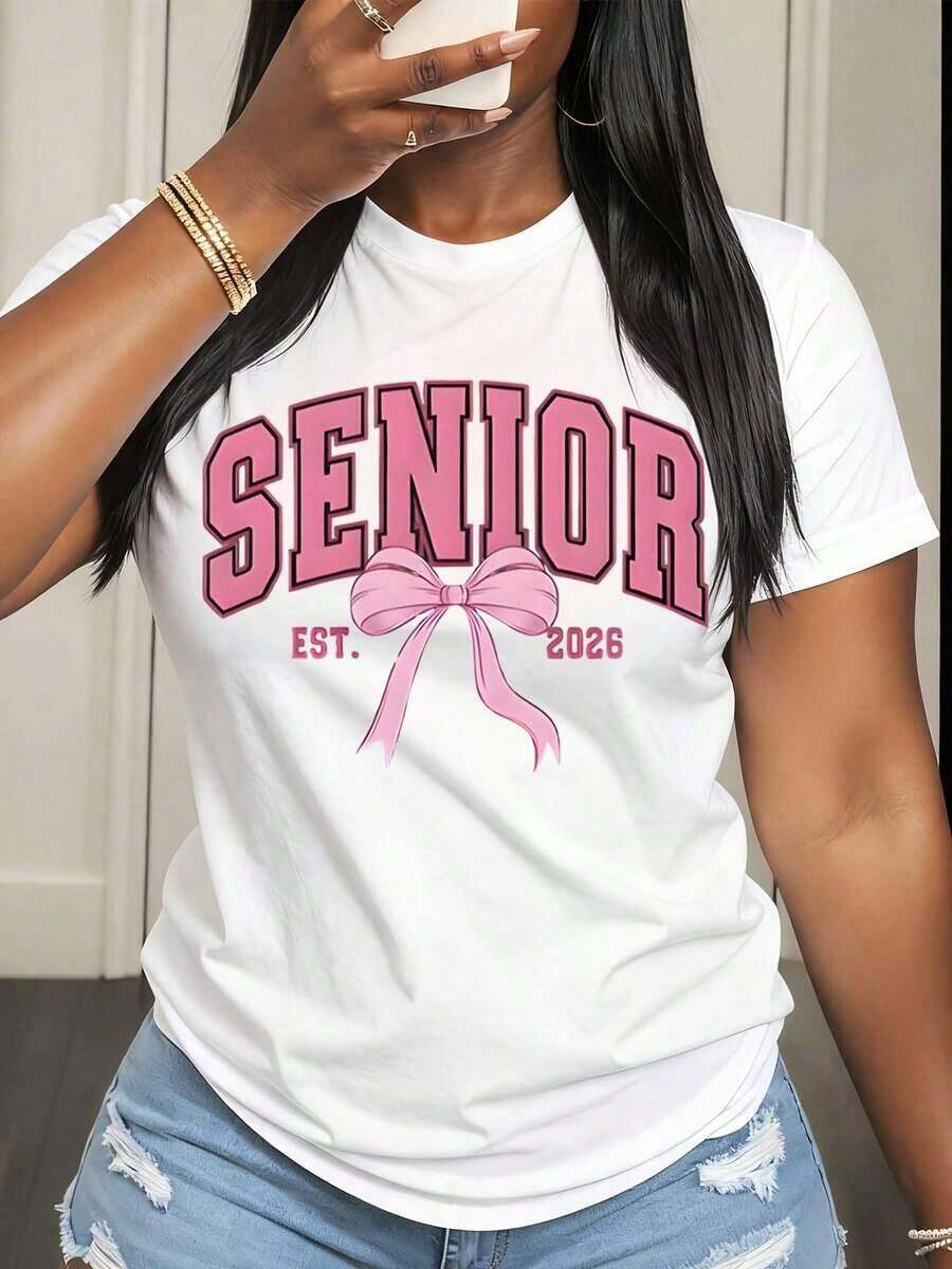 Camiseta de Mujer Senior Est 2026 con Estampado Gráfico de Lazo Rosa, Ropa Casual de Verano para Mujer - Blanco - Ver 1