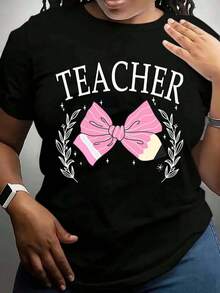 100% Cotton, Women's Plus Size T-Shirt, Teacher T-Shirt, With Pink Bow Print And Orange Blossom Garland, Ideal For Teacher's Day And School Activities. - 黑色 - 查看 8