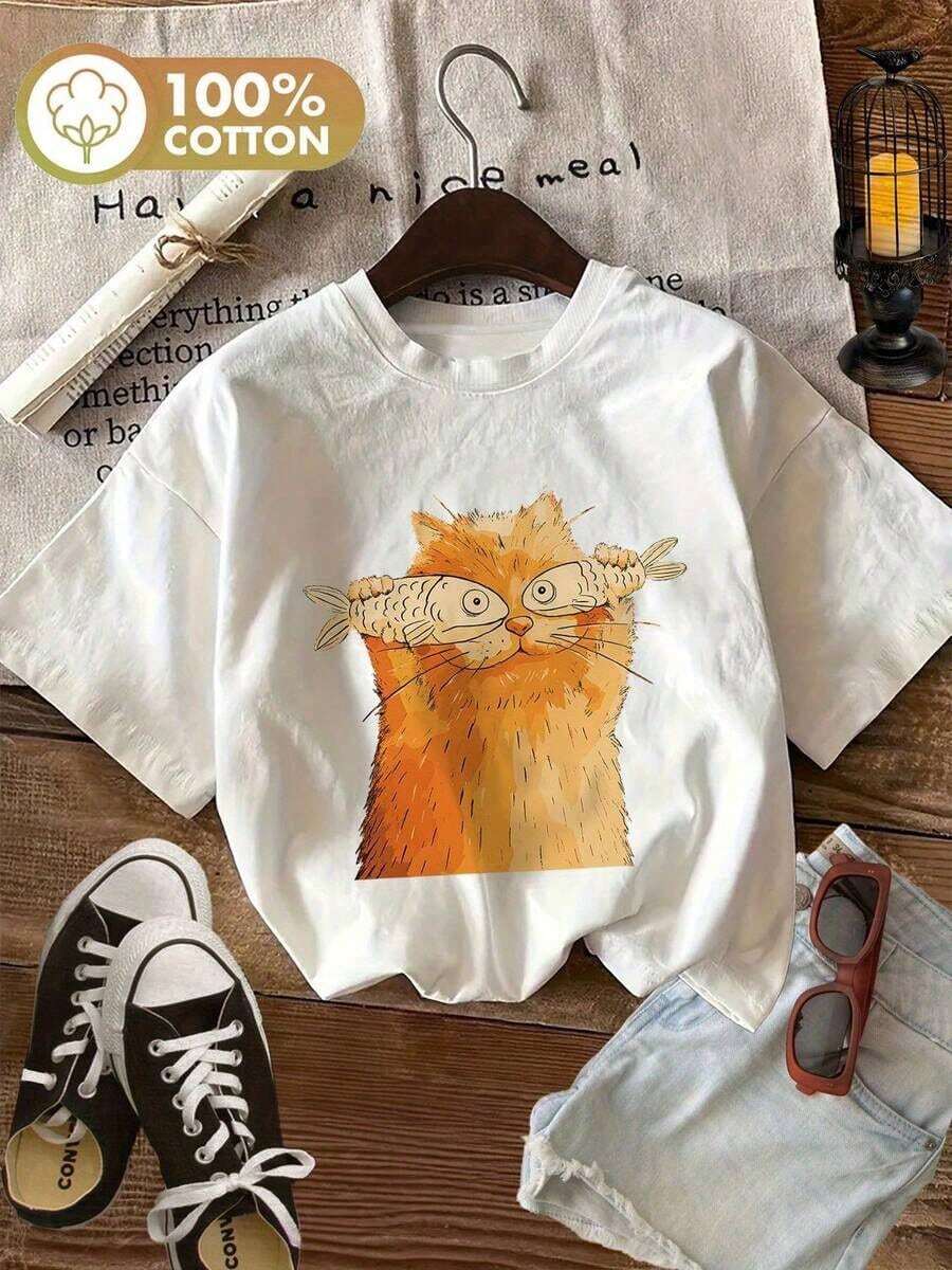 Women's Clothing Spring/Summer Fashion Summer Cartoon Style Cat And Fish Print Casual Short Sleeve Crew Neck T-Shirt Pure Cotton Suitable For Plus Sizes, Cute Top, Retro Y2K Style, Loose Fit. Soft And Gentle On The Skin, Women's Shirts - 白色 - 查看 1