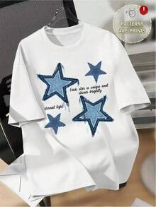 Camiseta de Mujer, Camiseta Gráfica con Estampado de Estrellas en Denim Desgastado, Camiseta Casual de Manga Corta con Cuello Redondo, Top para Uso Diario en Todas las Temporadas HDUU - Negro - Ver 8