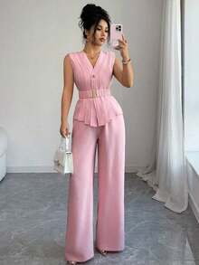 Conjunto de dos piezas de pantalones acampanados con cintura elástica y cinturón, cuello en V, frente abierto, plisado y bajo asimétrico, de tela similar al lino, para mujer, para primavera/verano, elegante, casual, para ir al trabajo, vacaciones, tarde de té - Rosa - Ver 8