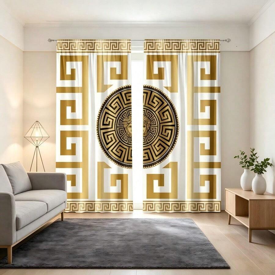 2pcs Luxury Baroque-Style Curtain Set Features A Gold Greek Key Pattern Print, 2D Flat Print, And Is Lightweight And Sheer. The Rod Pocket Design Makes It Ideal For Creating A Glamorous Bedroom Or Living Room. - Multicolor - View 1