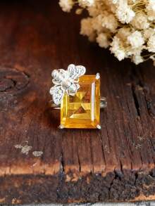 1pc Luxury Elegant Yellow Square Women's Ring, Vintage Floral Design, Suitable For Engagement And Daily Fashion Wear (Gift Box Not Included) - Yellow - View 5
