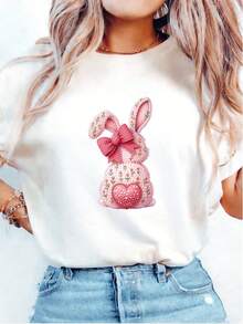 Camiseta de manga corta con cuello redondo y estampado de conejo rosa de Pascua, nueva colección primavera/verano 2026, blanca, casual, divertida, de corte regular para mujer - Estilo vintage urbano, unisex, holgada, de algodón, con cuello redondo y manga corta. - Blanco - Ver 7
