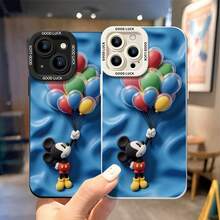 Funda de teléfono con globo de Mickey Mouse. Esta funda protectora de teléfono muestra a Mickey Mouse sosteniendo un ramo de globos multicolores vibrantes contra un fondo azul brillante ondulado. Hecho de material TPU flexible y resistente al desgaste, resiste los arañazos, golpes e impactos menores diarios. Compatible con modelos iPhone 17, 16, 15, 14, 13, 12, 11 Pro Series y Galaxy S22, S23, S24, S25. Una opción festiva alegre para los entusiastas de Disney. - Negro - Ver 4
