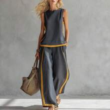 Women's Linen Blend Color Block Two-Piece Set With Sleeveless Top And Wide Leg Pants - màu xanh lá - Xem 2