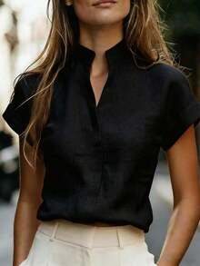 Blusa de mezcla de lino beige casual y elegante para mujer, con cuello alto, manga de murciélago de cuello en V, manga corta para oficina.Blusa holgada de manga corta en V para uso diario, citas y brunch, blusa blanca de verano - Negro - Ver 7
