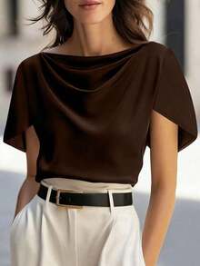 Camiseta de mujer de unicolor, elegante, con cuello de barco y manga asimétrica, para primavera/verano - Café integral - Ver 6