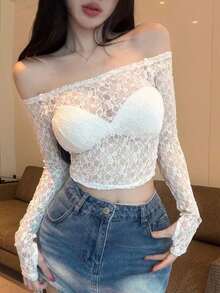 Camiseta ajustada de mujer de unicolor con hombros descubiertos, blusas de mujer de manga larga para primavera y otoño, ropa de mujer para salir en otoño - Blanco 2 - Ver 6