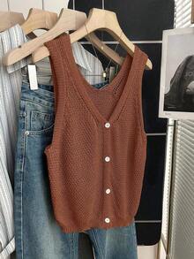 Nueva Chaleco de punto casual francés de verano, de punto sencillo con textura hueca, de atmósfera suave, diseño de capa para ir al trabajo/commute, cuello en V, Cárdigan de punto sin mangas de color blanco grisáceo - Marrón Chocolate - Ver 3