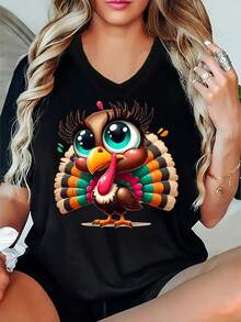 Camiseta de Manga Corta con Cuello en V para Mujeres Talla Grande, Versátil para S y Ocio, Transpirable y Cómoda, Divertida Camiseta de Acción de Gracias - Negro - Ver 1