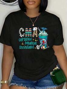 Camisetas gráficas de manga corta para mujer, 100% algodón, Certificado Asistente Médico CMA, Estampado de leopardo, Piel de vaca, Taza de café, Camiseta de verano para mujer, Tallas grandes, Clásica, Suave, Cuello redondo, Estilo vintage. - Negro - Ver 1