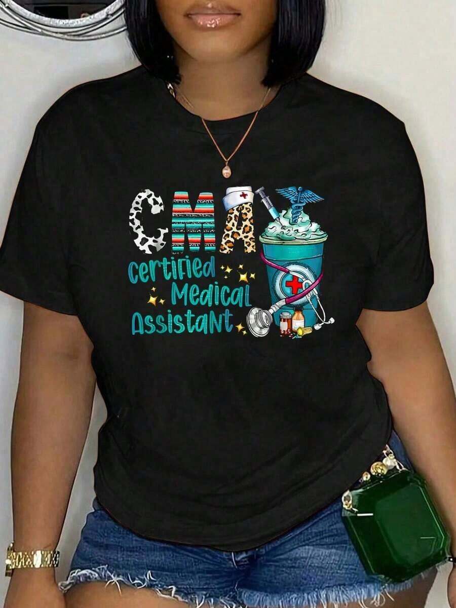 Camisetas gráficas de manga corta para mujer, 100% algodón, Certificado Asistente Médico CMA, Estampado de leopardo, Piel de vaca, Taza de café, Camiseta de verano para mujer, Tallas grandes, Clásica, Suave, Cuello redondo, Estilo vintage. - Negro - Ver 1