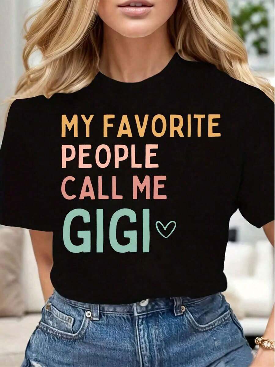 Mis Personas Favoritas Me Llaman Gigi, Camiseta Casual para Mujer con Estampado de Corazón, Suave y Cómoda, Regalo para el Día de la Madre, Cumpleaños, Abuela. Adecuada para primavera, verano y otoño. - Negro - Ver 1