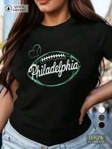 Algodón Camiseta Con Diseño De Fútbol De Filadelfia Para Mujer: Secado Rápido, Ajuste Cómodo, Manga Corta, Cuello Redondo, Lavable Aáquina, Disponible En Varios Colores, Ropa Deportiva |   Camiseta Estampada |   Material De Secado Rápido: % Algodón100% Cotton - Negro - Ver 5