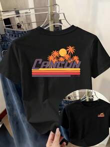 Camiseta de manga corta a rayas vintage para mujer, Cancún México, top casual de cuello redondo con doble estampado en el pecho y la espalda, 100% algodón. - Negro - Ver 1