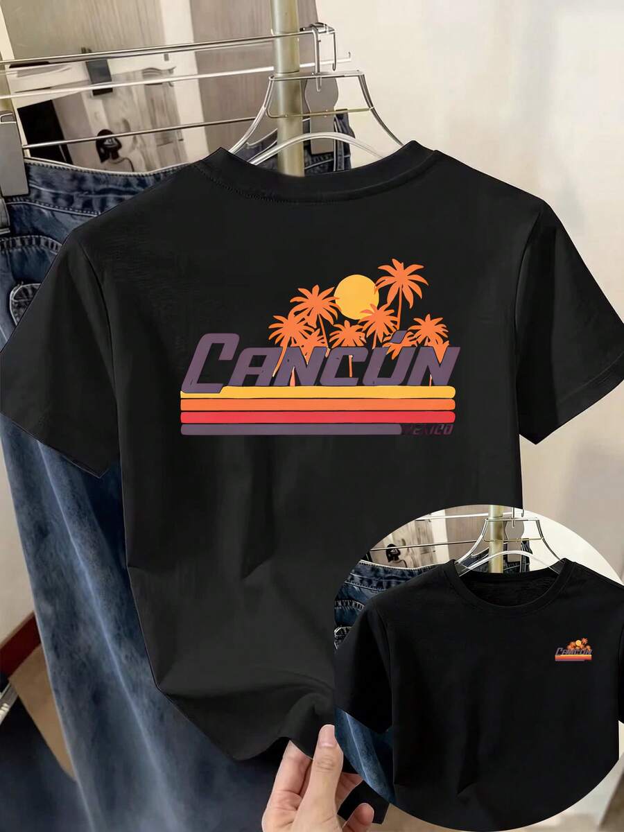 Camiseta de manga corta a rayas vintage para mujer, Cancún México, top casual de cuello redondo con doble estampado en el pecho y la espalda, 100% algodón. - Negro - Ver 1