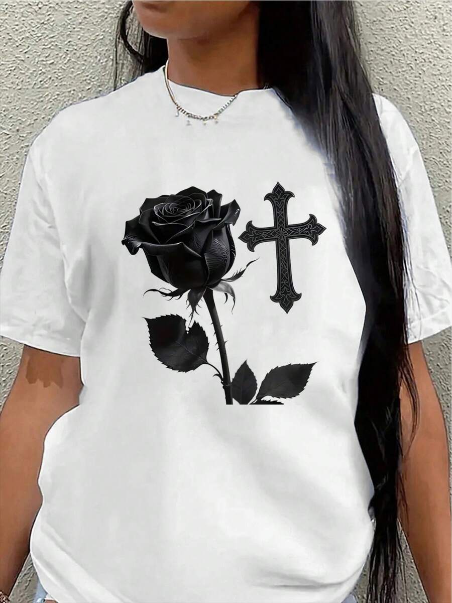 Camiseta de manga corta de poliéster con estampado de rosas, ligera y duradera, adecuada para el hogar, cafeterías u ocasiones de ocio al aire libre, disponible en varios colores, de ajuste - Blanco - Ver 1
