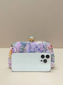 1pc Elegant Shiny Multi-Color Leaf & Floral Patchwork Crossbody Bag, Vintage Chain Strap Evening Clutch, Mini Square Box Handbag, Suitable For Party Girls, Brides, College Students, Young Professionals, Random Pattern, Pink, Wedding Theme, Women's Evening Bag - Lilac Purple - View 5