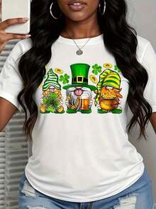 St. Patrick's Day Leprechaun Gnome T-Shirt, Lucky Shamrock, Beer, Gold Chest, Festive Costume T-Shirt For Women, Urban Vintage Style, Unisex, Loose Fit, Cotton, Short Sleeve, Crew Neck, 100% Cotton - 白色 - 查看 3