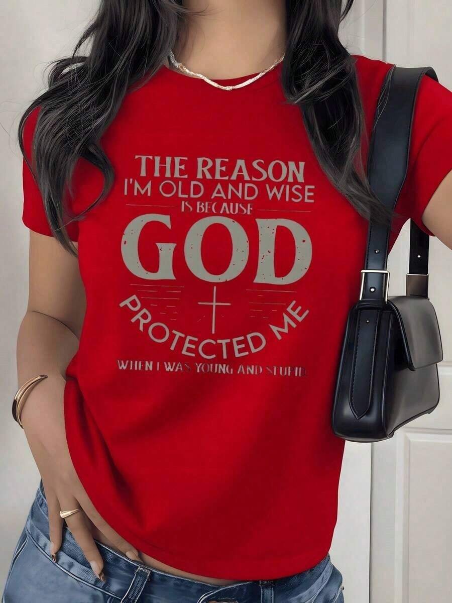 T-Shirt With Inspirational Quote Graphic Print, 180g, 1 Piece, Christian Phrase Of Faith, Casual T-Shirt For Women, 100% Cotton, Vintage Style - 紅色 - 查看 1
