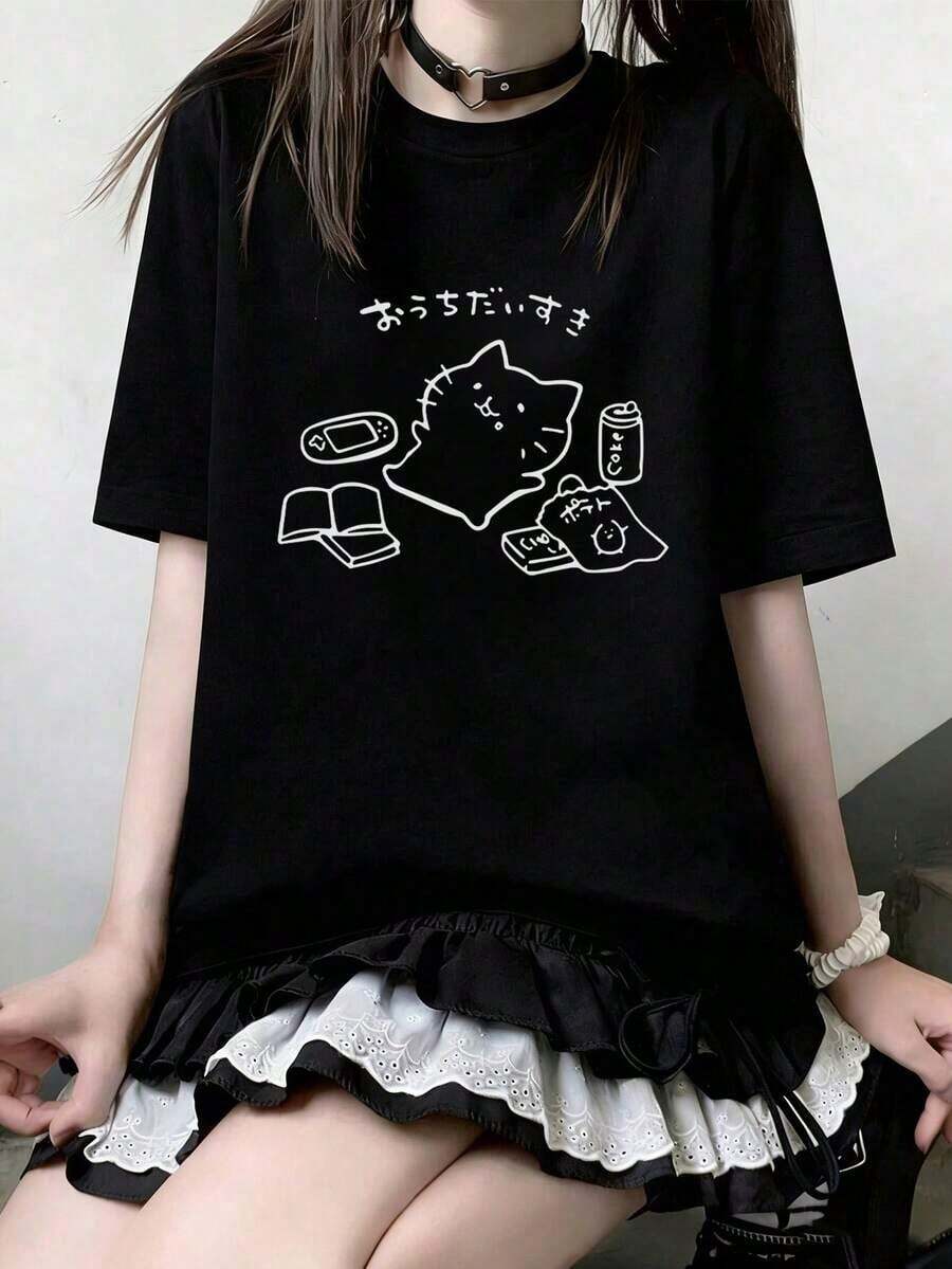 Women's Clothing Women's Japanese Style Short Sleeve T-Shirt, Loose Fit, Casual, Round Neck, Versatile, Cartoon Cat Print, White, For Spring/Summer, Women's Shirts - 黑色 - 查看 1