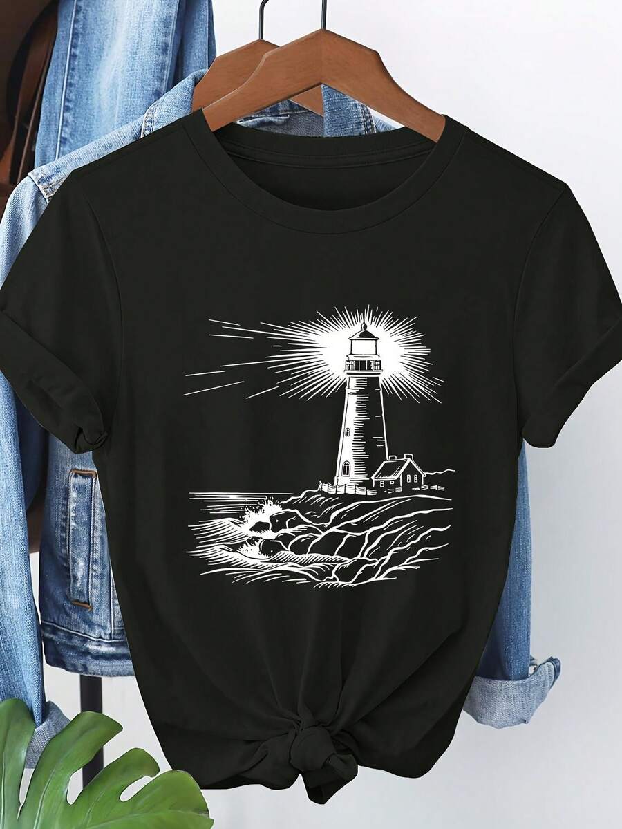 Una camiseta de manga corta para mujer, moderna, a la moda, retro, casual y holgada, adecuada para actividades al aire libre en primavera y verano, con un estampado de un gran faro por toda la prenda.Camiseta de manga corta 7729.blusas para mujer,blusas casuales para dama,tops,, mujer premium,y2k,playeras de mujer curvy,ofertas y liquidaciones ropa mujer,playeras deportivas para mujer,,playeras de hombre, mujer,blusas>elegante GOTW - Negro - Ver 1