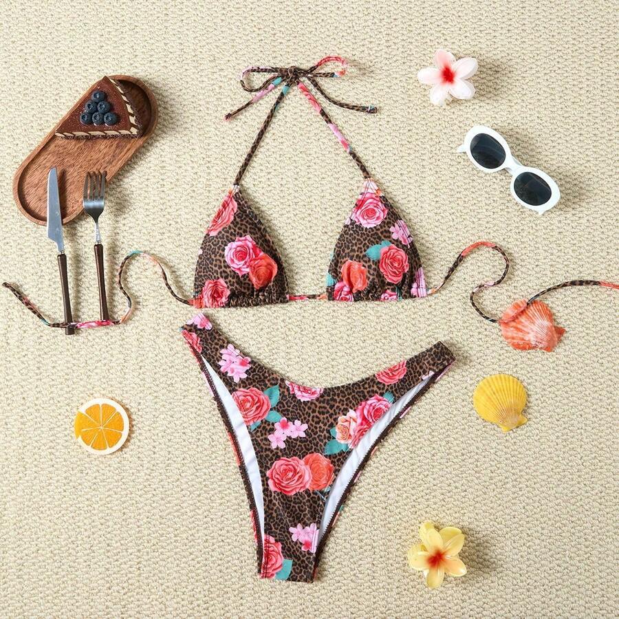 Nuevo traje de baño de dos piezas para mujer, bikini de tirantes muy vendido, estilo sexy para vacaciones, traje de baño de playa con estampado grande. - Flor - Ver 1