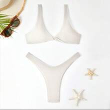Two-Piece Solid Color Swimsuit For Girls, Sexy Bikini With Deep V-Neck And Push-Up Effect With Straps, High-End Pure And Seductive Style Swimsuit. - 黑色 - 查看 8