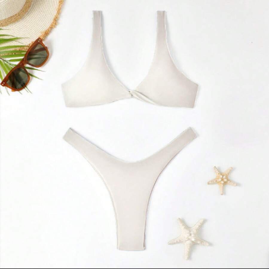 Two-Piece Solid Color Swimsuit For Girls, Sexy Bikini With Deep V-Neck And Push-Up Effect With Straps, High-End Pure And Seductive Style Swimsuit. - 白色純欲風bikini - 查看 1